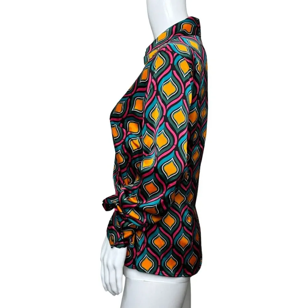 Cupcakes and Cashmere Shirt Womens Small Blue Orange Geometric Satin‎ Colorful